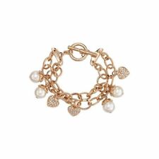 Avon Double Chain Pave Bracelet Heart Goldtone Faux Rhinestone & Pearls picture