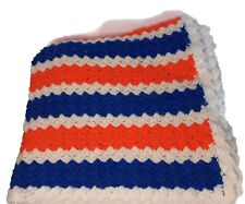 Mid-Century Mod 1970s Orange/Blue/White Crocheted Afghan Homemade picture