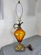 Vintage Mid Century Optical Amber Glass Pitcher Ewer Brass Hollywood table Lamp picture