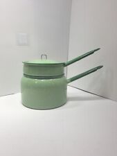 Vintage Enamelware Double Boiler & Lid Green With White Speckles  picture
