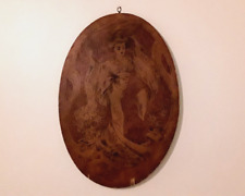 Antique FLEMISH ART Oval Wood PYROGRAPHY Wall Hanging ASIAN WOMAN GEISHA #861 picture