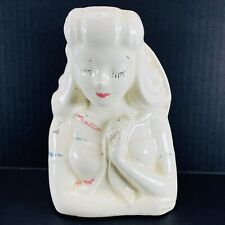 Ceramic Planter Vase Figurine White Lady w/ Sun Bonnet Vintage Mid-Century picture