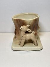 Vintage Morton Pottery Brown Deer Fawn Tree Stump Planter Kitschy MCM 1950s picture