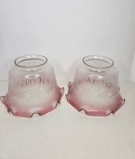 2 Victorian Cranberry Frosted Floral Etched Glass Kerosene Oil Lamp Tulip Shade picture