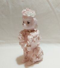 Vtg Pink Ceramic Gold Double White Roses Accents Spaghetti Poodle Dog Figurine picture