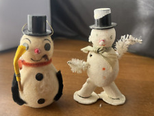 Lot of 2 Vintage Mica Spun Cotton Chenille Snowman Christmas Figures Japan picture