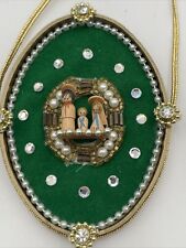 Vintage Handmade Nativity Ornament Gold Green Wood Pearls Jesus Mary Oval picture
