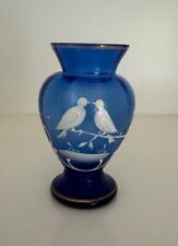  UNIQUE VINTAGE LATE 1940'S SMALL GERMAN BLUE GLASS VASE WITH 2 BIRDS MOTIF picture