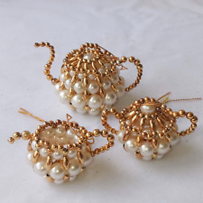VTG Kitsch Handmade Pearl & Gold Beaded Christmas Ornaments Teapot Sugar Creamer picture