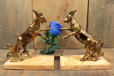 XL French Antique ART DECO Bookends Bronzed Spelter Goat Statue Marble Base Pair picture