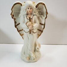 Vintage Hermitage Pottery 1999 Angel Taper Candle Holder  White w/ Gold Trim picture