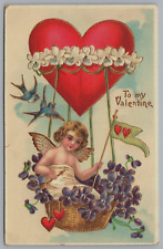 Antique To My Valentine Postcard Cupid in Hot Air Heart Shaped Ballon 1910s J2 picture