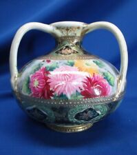 HAND-PAINTED NIPPON MULTI COLORED CHRYSANTHEMUMS & HEAVEY GOLD 3 HANDLE VASE picture