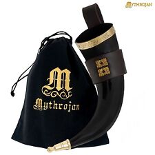 Viking Drinking Horn with Brown Leather Holster for Wine Mead Drinkware 350 ML picture