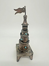 Vintage Sterling Silver Besamim Spice Tower Judaica Filigree Turquoise Israel 6” picture