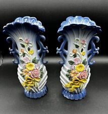 Vintage Lusterware Blue ,Yellow Flower Vase With Floral design Qty-2 picture