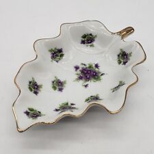 Vintage Lefton Hand Painted Leaf Trinket Dish with Violets and Gold Trim picture