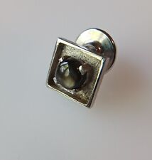 Vintage Square Brushed Silvertone W Smoky Black Round Stone Lapel Pin Tie Tac picture
