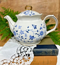 LOVELY Vintage Sadler White & Blue Floral Teapot  W/Lid GOLD Trim England picture