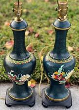 Pair of Two 2 Brass & Cloisonne Asian Art Lamps Flower Basket Floral Set Chinese picture
