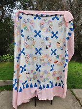 Antique Quilt Patchwork With Pink Skirt Unusual Blue Motif 1920's-1940's Vintage picture