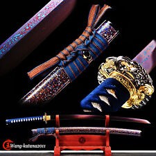 Red&Blue Damascus Folded Steel Katana Japanese Samurai Sharp Functional Sword picture