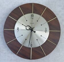 Vintage Mid Century Modern Wall Clock VERICHRON Sunburst Wood & Brass 16
