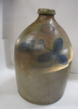 Antique Stoneware Saltglaze Whiskey Jug Blue Flower Design Handle Broken Cracked picture