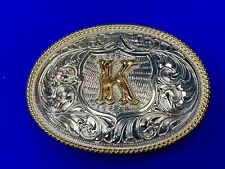 Custom Initial monogram Letter K - stamped Justin Boot Silver Mexico belt buckle picture