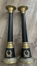 Vintage Neoclassical Romanesque Brass Black Heavy Tall Candleholders picture