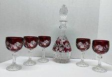 Cranberry red, cut to clear crystal decanter with Stopper and Five wine glass picture