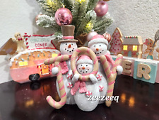 Peppermint Square Pink Snowman Family Trio JOY Candy Cane Christmas Figurine 7