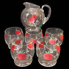 Vintage Glass Pitcher with 5 Juice Glasses Mid Century Modern Hand Painted picture