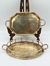 2 Vintage 1960s Small Brass Trinket Trays With Bamboo Details Oval Octagon picture