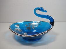 Vintage Blue Silver Swan Shape Glass Candy Dish Trinket 6.5