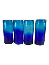 Handmade with Pole Set of 4 16oz Drinking Glass Ombre Blue to Green Pontil Base picture