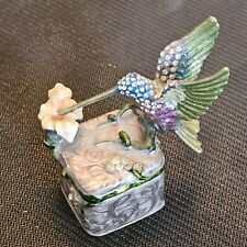 Vintage Hummingbird With Flower Enamel Metal Trinket Box With Jeweled Crystals picture