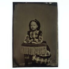 Plaid Dress Posing Girl Tintype c1872 Identified Antique 1/2 Plate Chair Photo picture