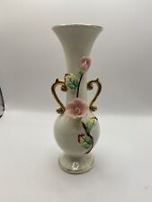Ucagco Ceramic Japan Vase w/Applied Pink Roses & Leaves & Gilt Handles - Vintage picture