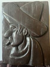 MCM Hand Carve Wood 3D Plaque Mexican Man Sombrero Smoking Cigar Folk Art Signed picture
