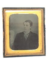 Man w/ Tie Tintype 1/6 Plate in US Patriotic Bald Eagle Holding Shield Half Case picture