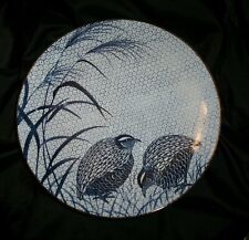 Vintage Japanese Large Charger with Quail and Millet, Blue and White Honeycomb picture