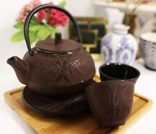 Japanese Bamboo Forest Maroon Red Traditional Heavy Cast Iron Tea Pot and Cups picture