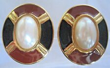 ERWIN PEARL GOLD TONE BROWN ENAMEL FAUX PEARLS EARRINGS CLIP ONS  picture