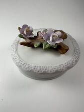 Vintage Lefton Hand Painted Lidded Trinket Dish Purple Pink Flowers 03707 picture