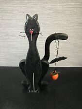 WOODEN BLACK CAT SITTING WITH WIRE WHISKERS VINTAGE HALLOWEEN picture