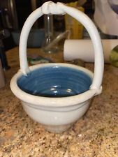Unique artist signed handmade art Pottery small Basket blue swirl easter 4.5x6 picture
