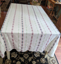 VINTAGE WOVEN COTTON TABLECLOTH WHITE RED AQUA GREEN YELLOW STRIPES FRINGE SIDES picture