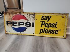 c.1963 Original Vintage Pepsi Sign Metal Embossed Say Pepsi Please Soda Grocery picture