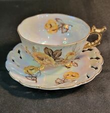 Vtg Ucagco Japan Iridescent Teacup & Saucer Yellow Roses Gold Trim Hand Painted picture